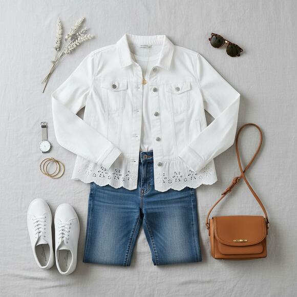 Susan Graver White Peplum Denim Jacket XL Eyelet Lace Hem Stretch Cotton - Picture 2 of 12